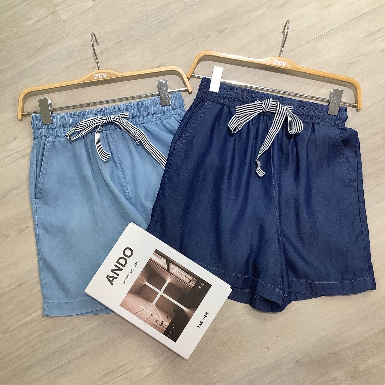 A7065-條紋綁帶牛仔短褲