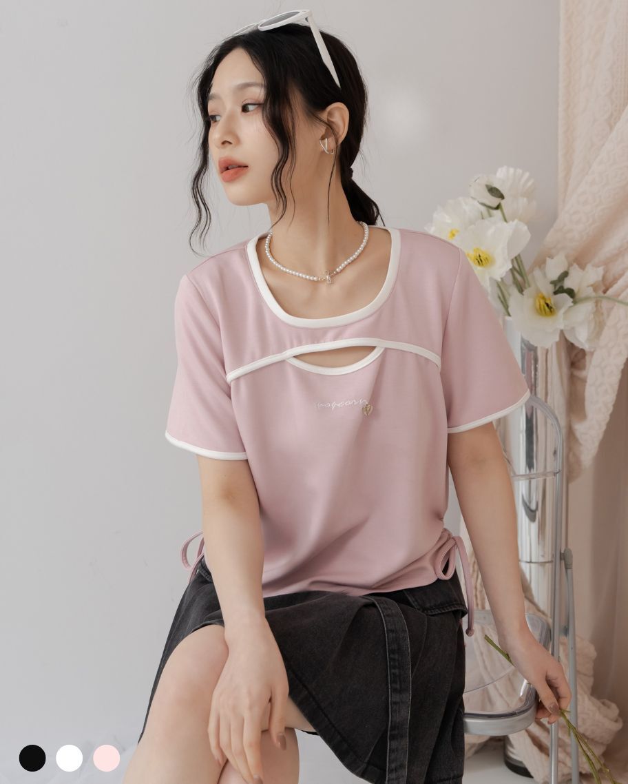 甜辣鏤空側抽繩撞色滾邊T恤