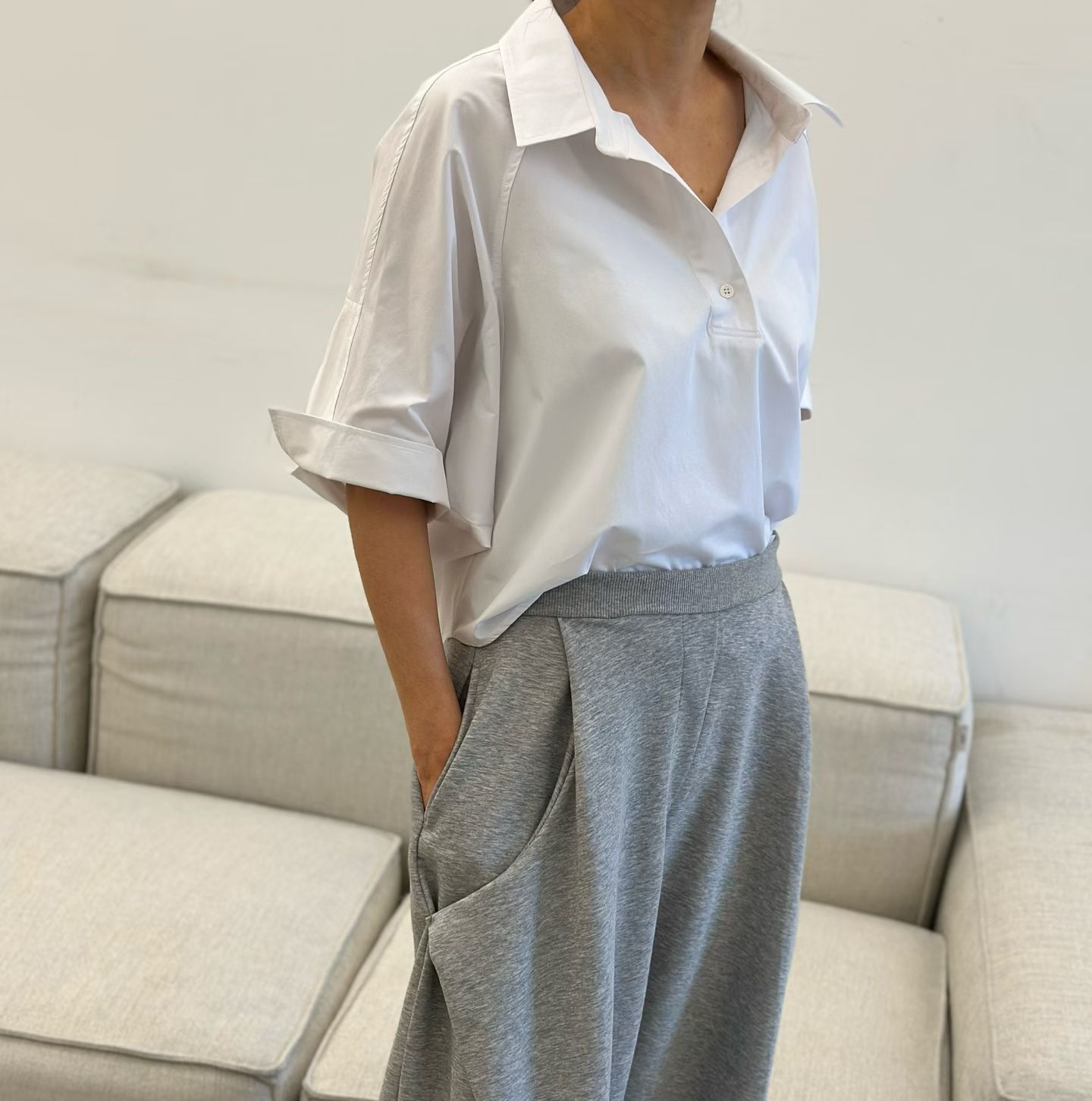 LA6004 亨利翻領中袖襯衫上衣