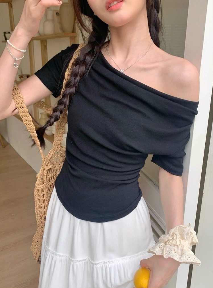 抓皺感一字領素色棉質衣