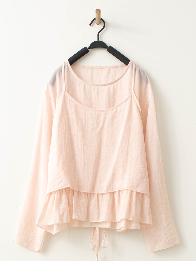 氣質透膚素面荷葉綁帶兩件式上衣