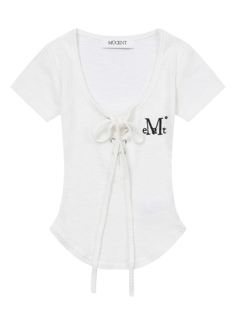 【 4/19收單 】MUCENT 芭蕾風刺繡綁帶羅紋短版上衣 韓國