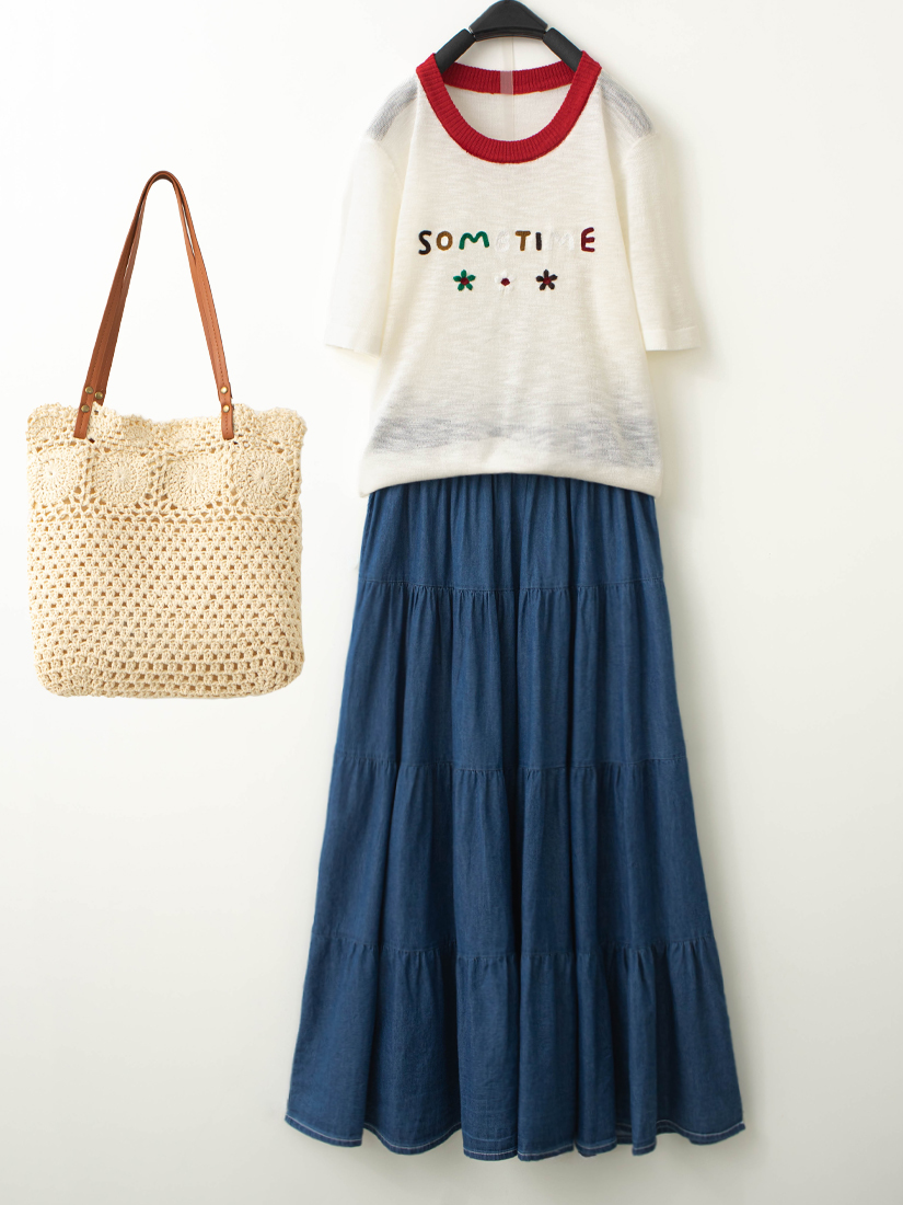 領口配色小花針織短袖上衣蛋糕牛仔裙組合