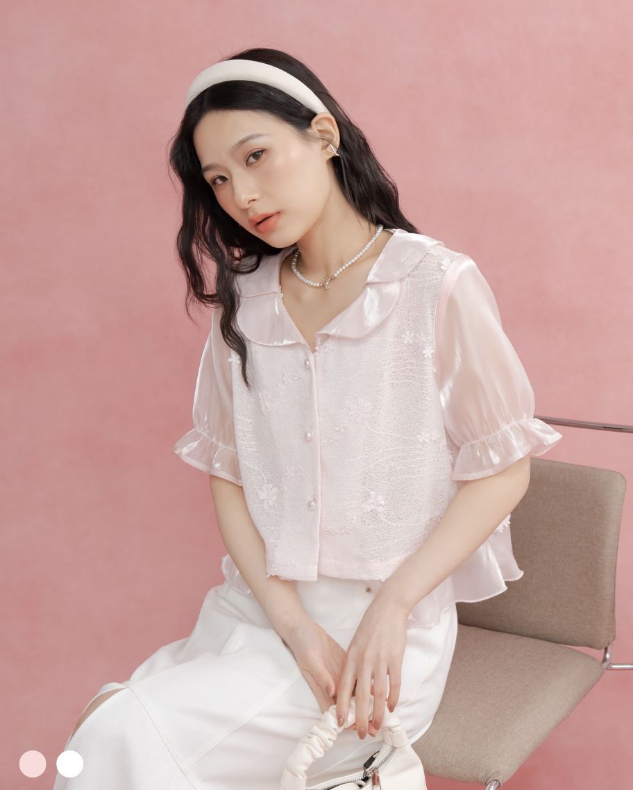 溫柔小花刺繡花領透紗上衣