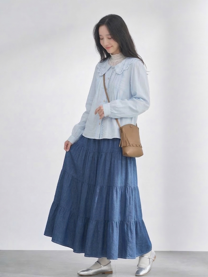 繡花領壓褶襯衫透膚立領上衣層次蛋糕牛仔長裙組合