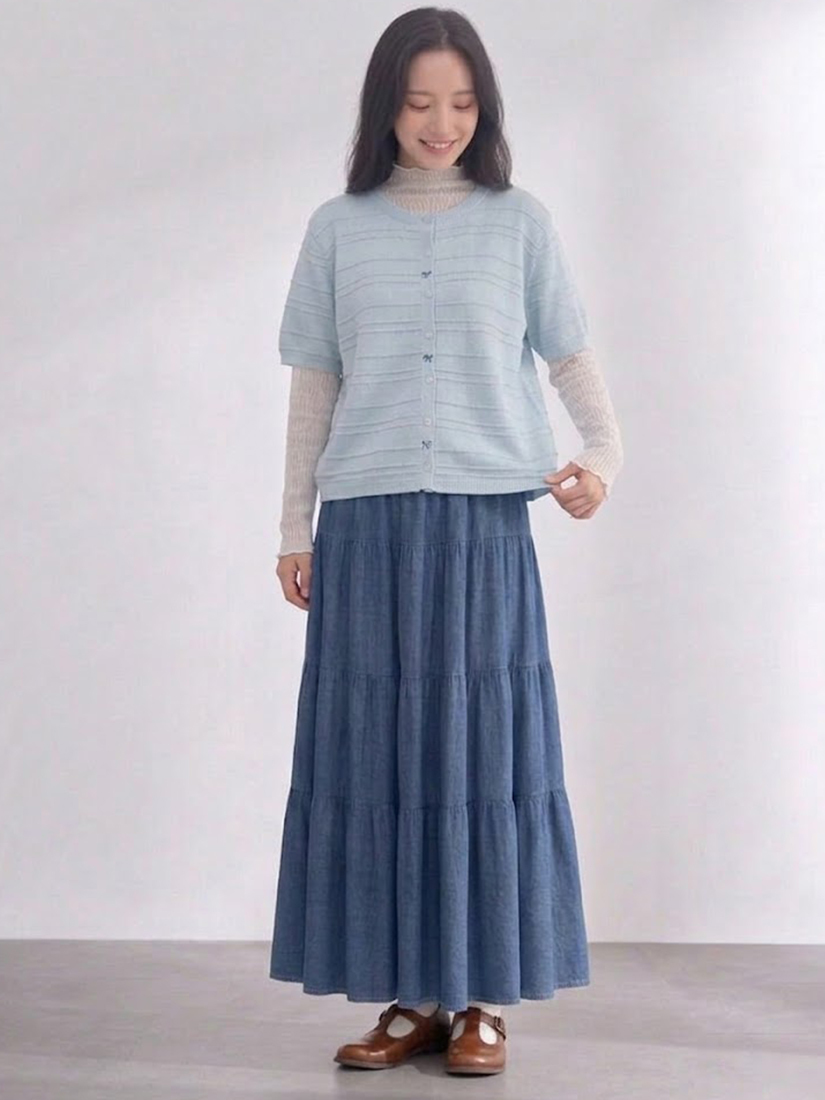織紋棉麻針織上衣透膚小立領上衣薄棉牛仔長裙組合