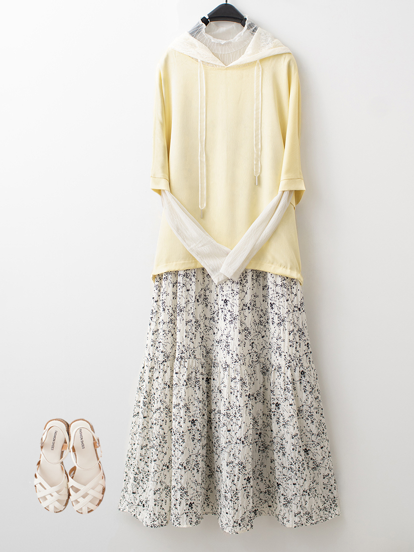 緞面蕾絲連帽五分袖上衣透膚小立領內搭碎花長洋裝組合