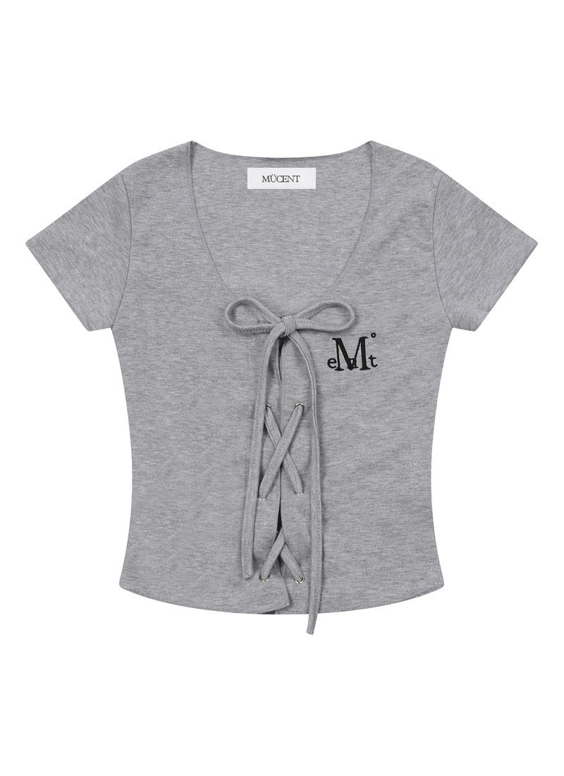【 4/19收單 】MUCENT 芭蕾風馬甲綁帶刺繡短版T恤 韓國