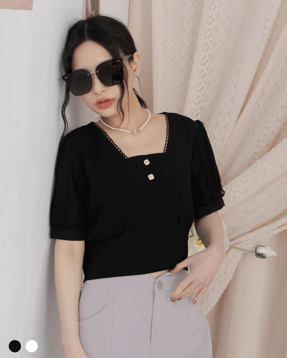 法式V領蕾絲纖腰上衣