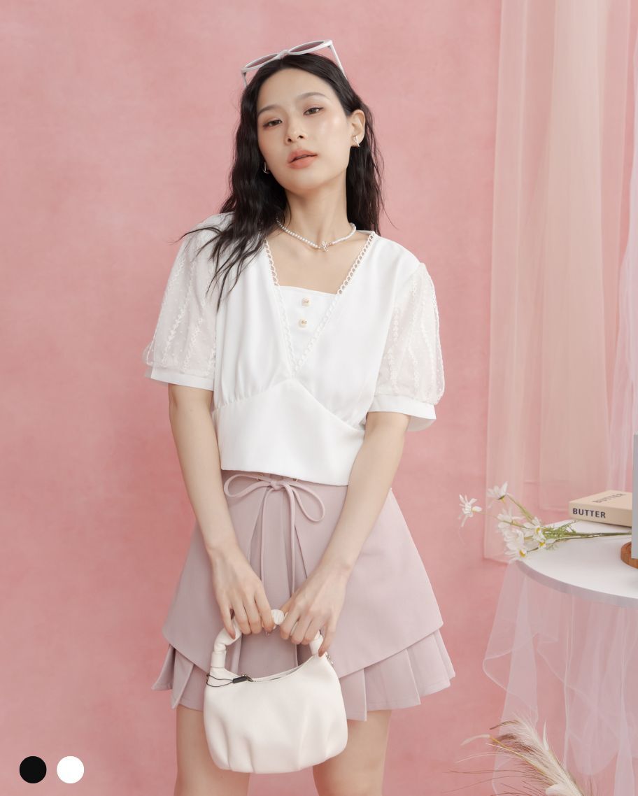 法式V領蕾絲纖腰上衣