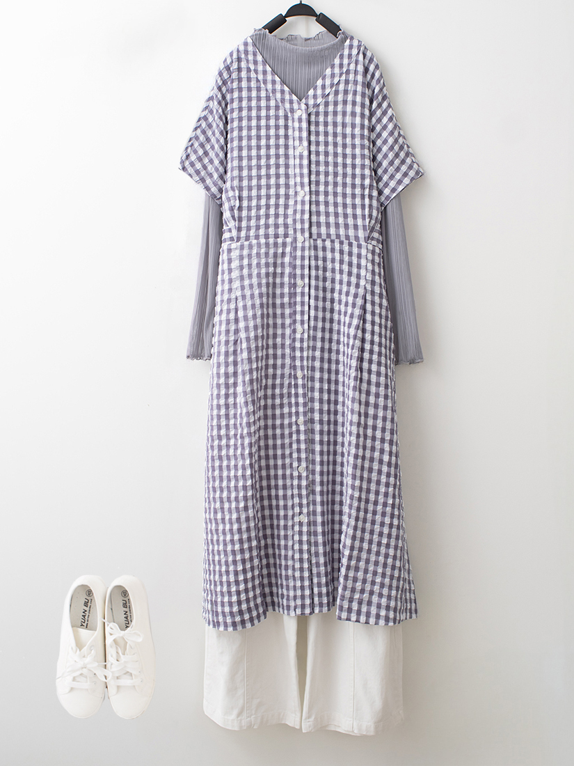 格紋泡泡布連袖洋裝透膚木耳邊內搭配釦剪接寬褲組合