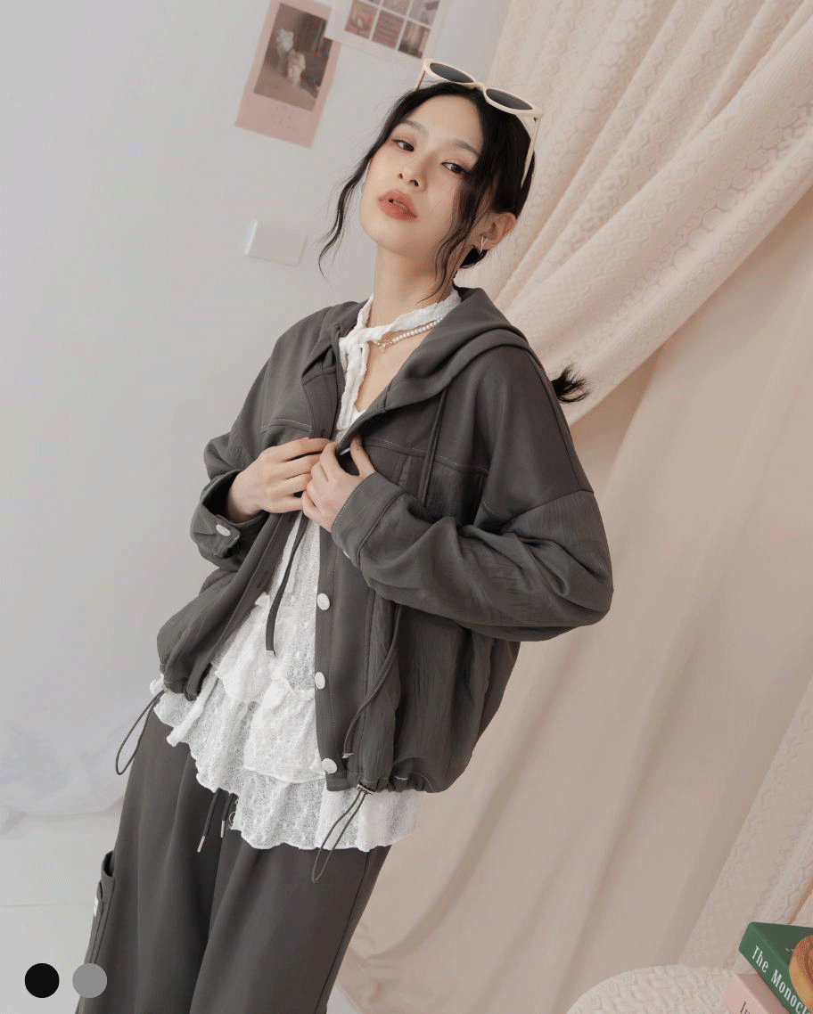 拼紗設計抽繩連帽外套