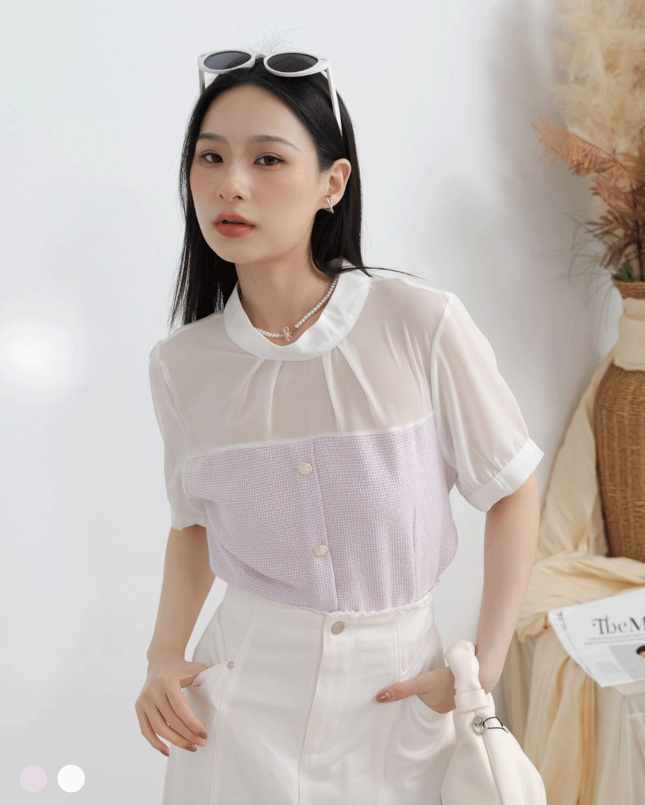 圓領抓皺拼接上衣