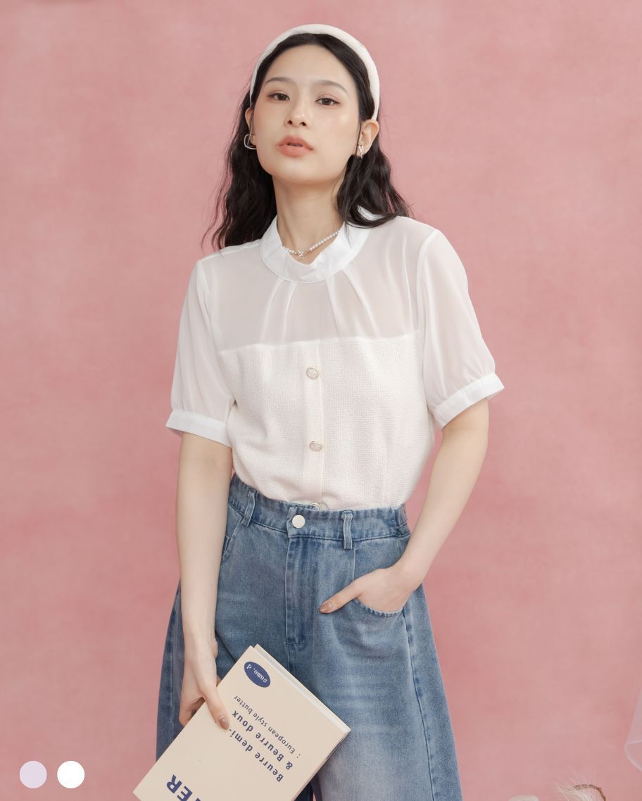 圓領抓皺拼接上衣