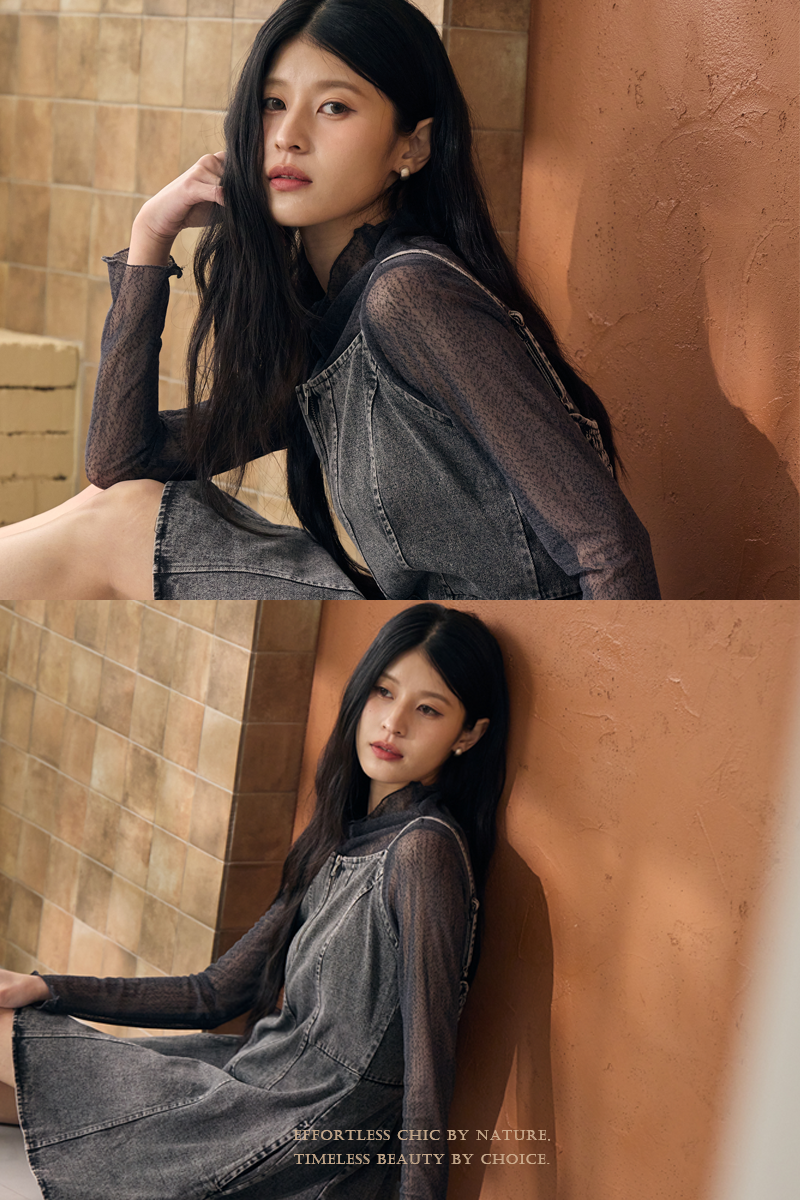 細肩壓褶牛仔短洋裝