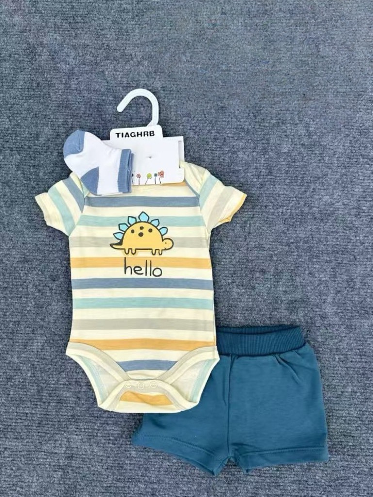 條紋恐龍包屁套裝三件組