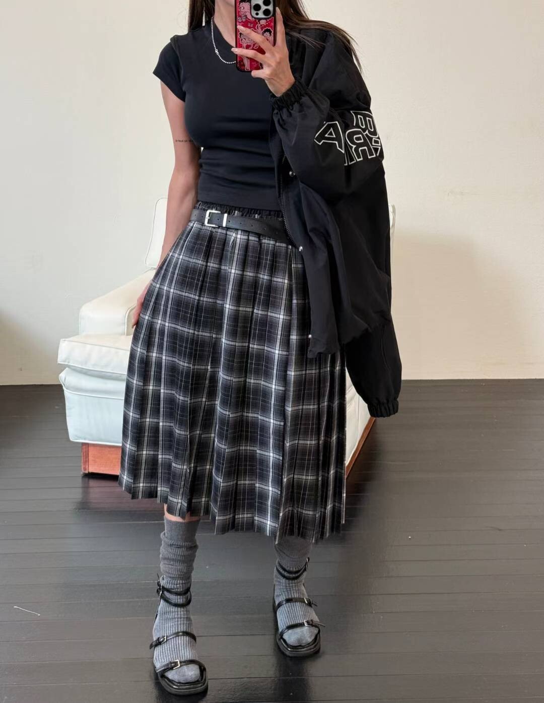 雙層褲頭百褶格紋裙