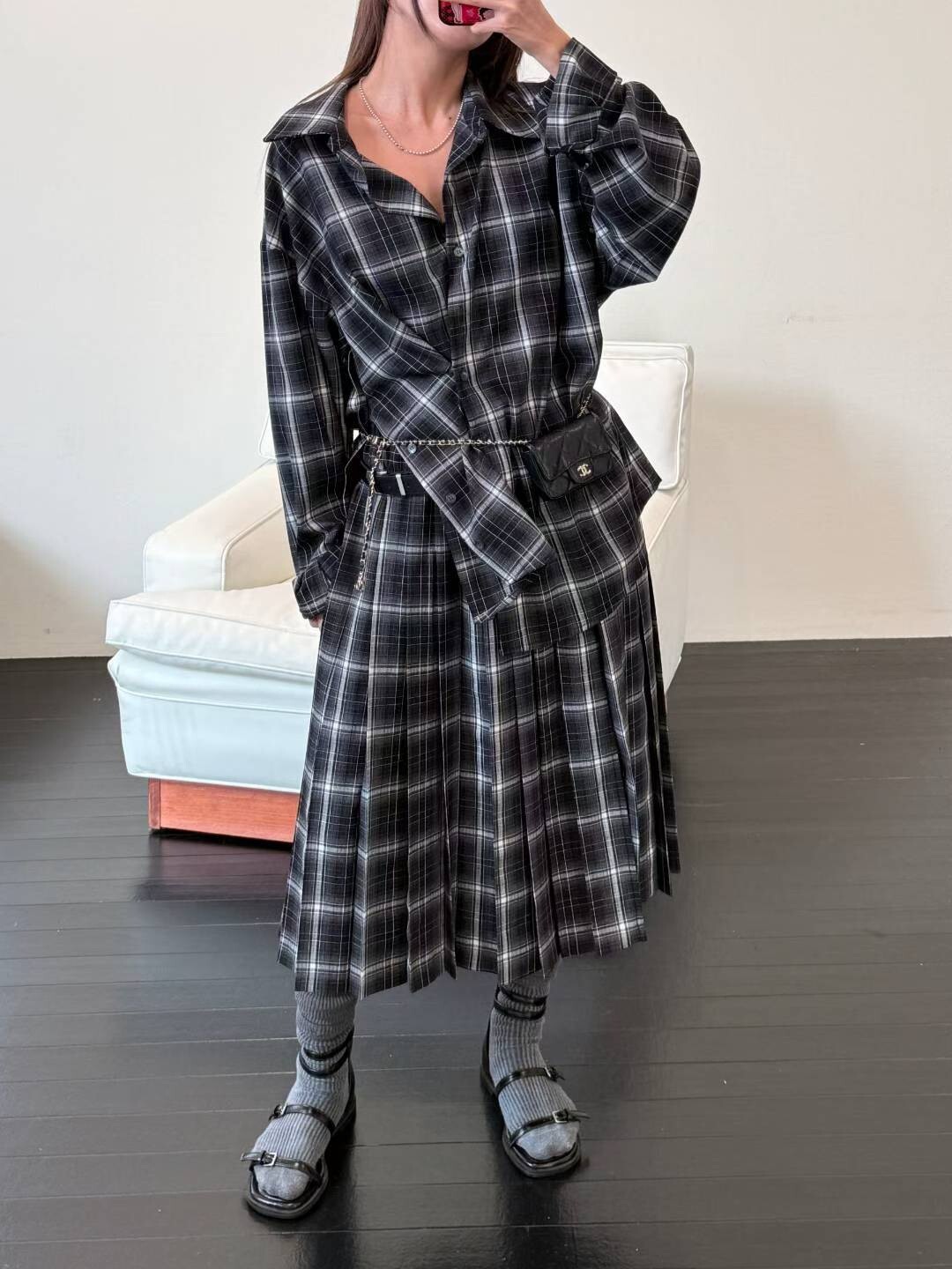 雙層褲頭百褶格紋裙