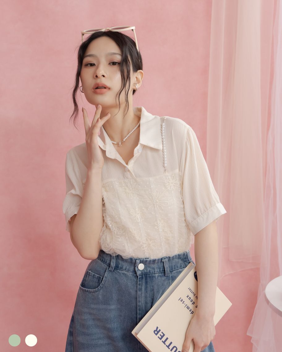 氣質蕾絲花珍珠鍊上衣