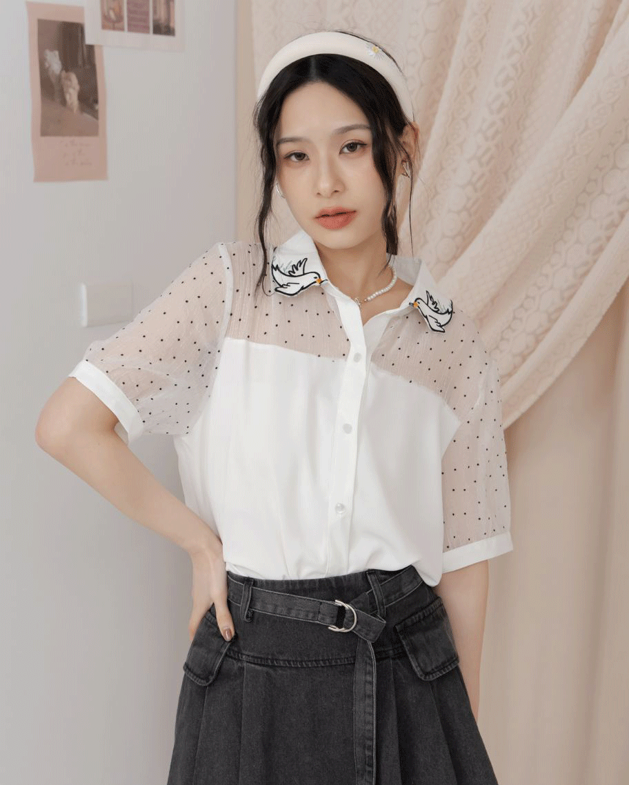 飛鳥刺繡領片透紗拼接上衣