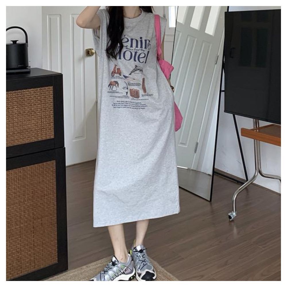【ASister 小姊姊】AS0212#無袖休閒洋裝☆*渡假飯店*加大尺碼韓版寬鬆顯瘦中長版連身休閒洋裝(2色 M-2XL)