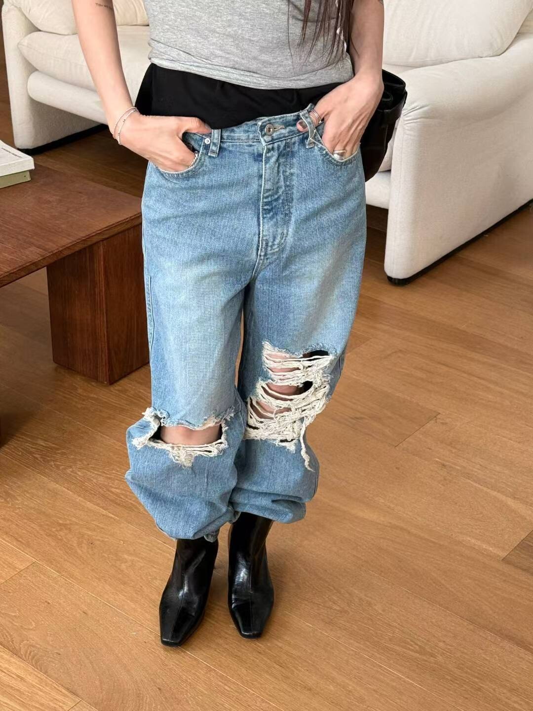 抓鬚破口牛仔褲