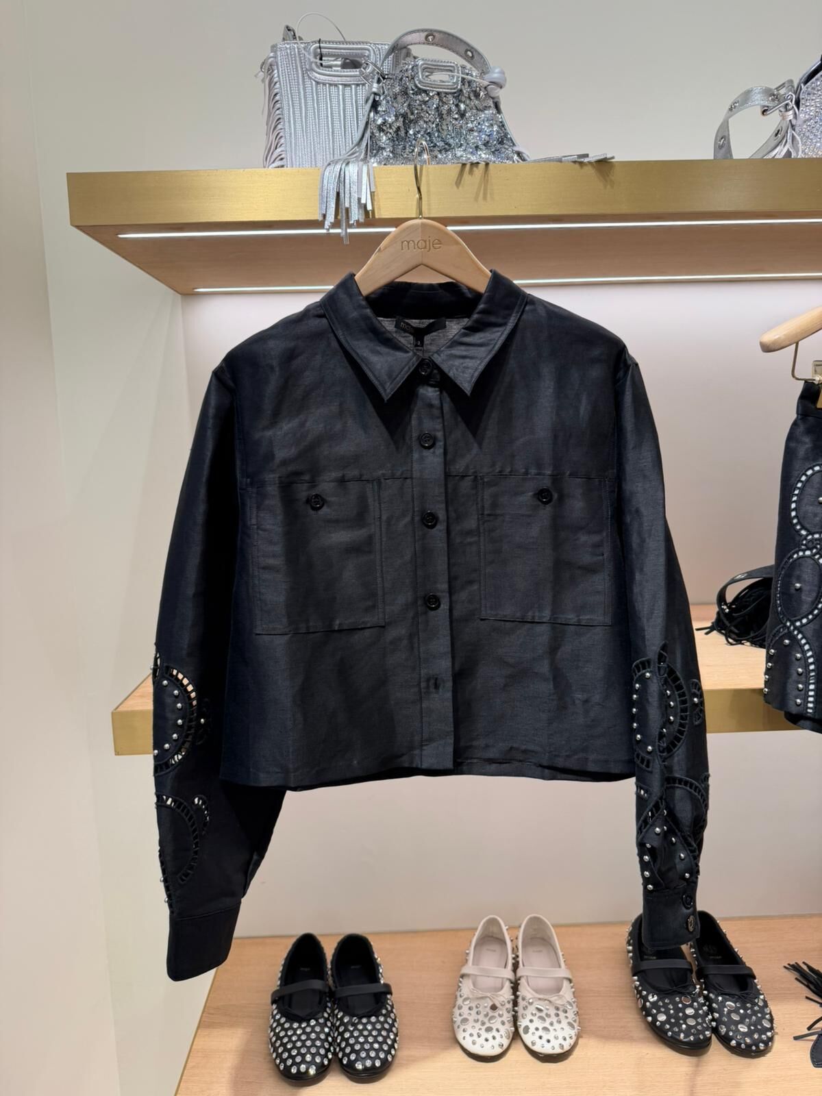 Maje 黑色袖有圓型圖案長袖襯衫 #MFPLM00510