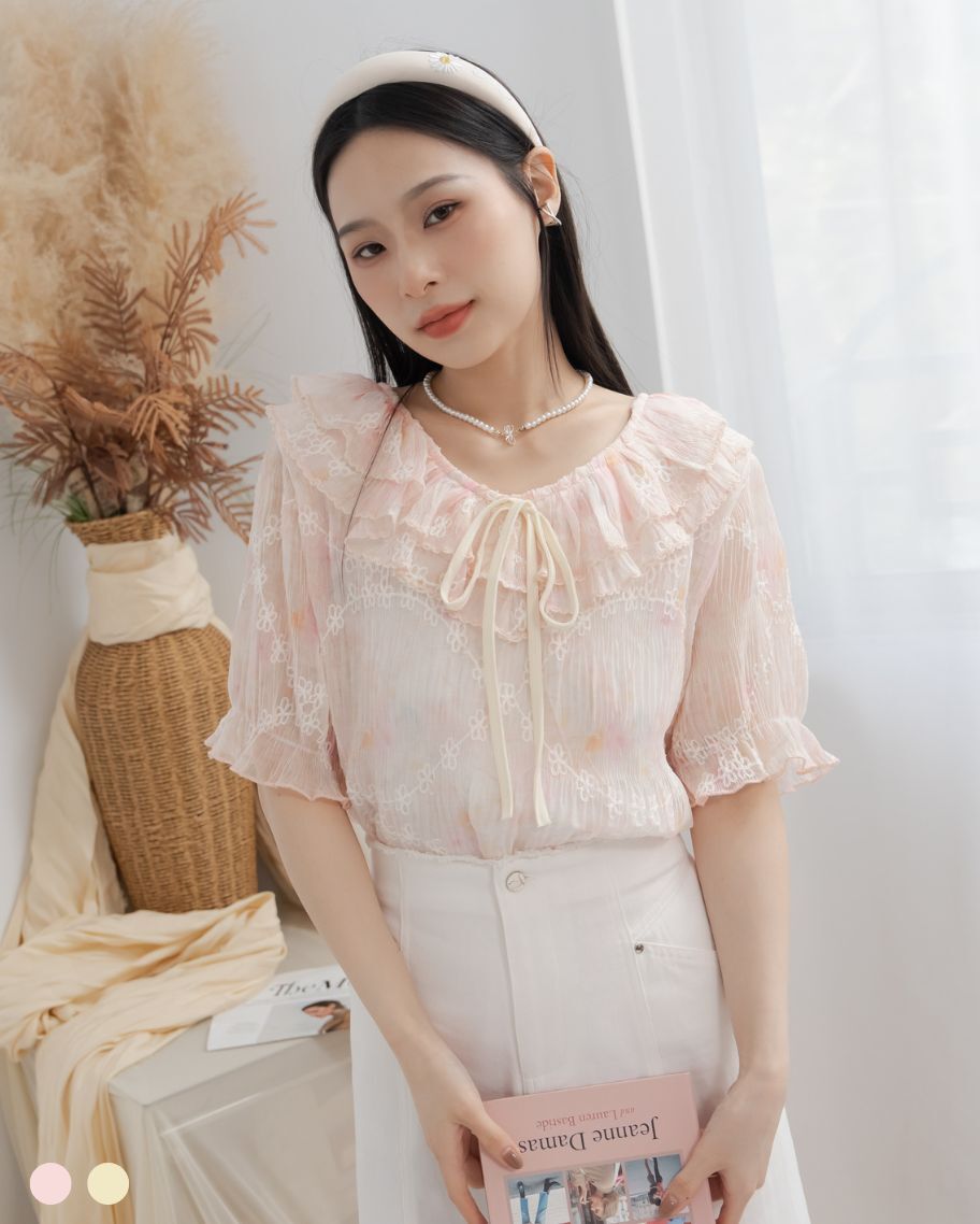 小花刺繡雙層荷葉領上衣