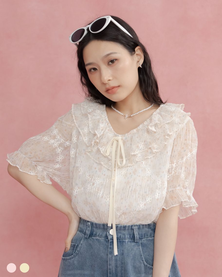 小花刺繡雙層荷葉領上衣