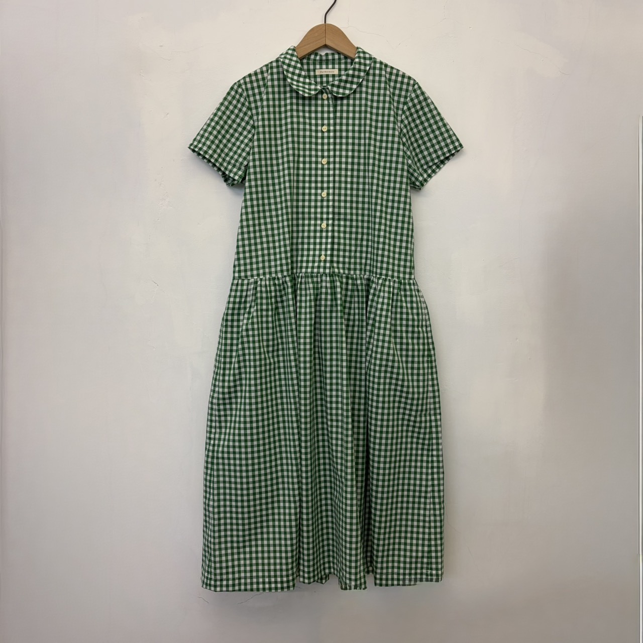 【預購】小圓領短袖襯衫長洋裝 綠格紋