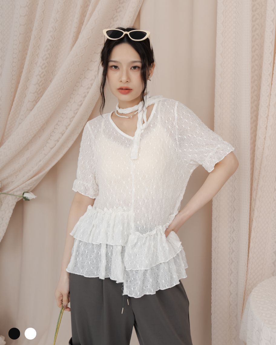 柔美紋理不對稱荷葉綁帶上衣