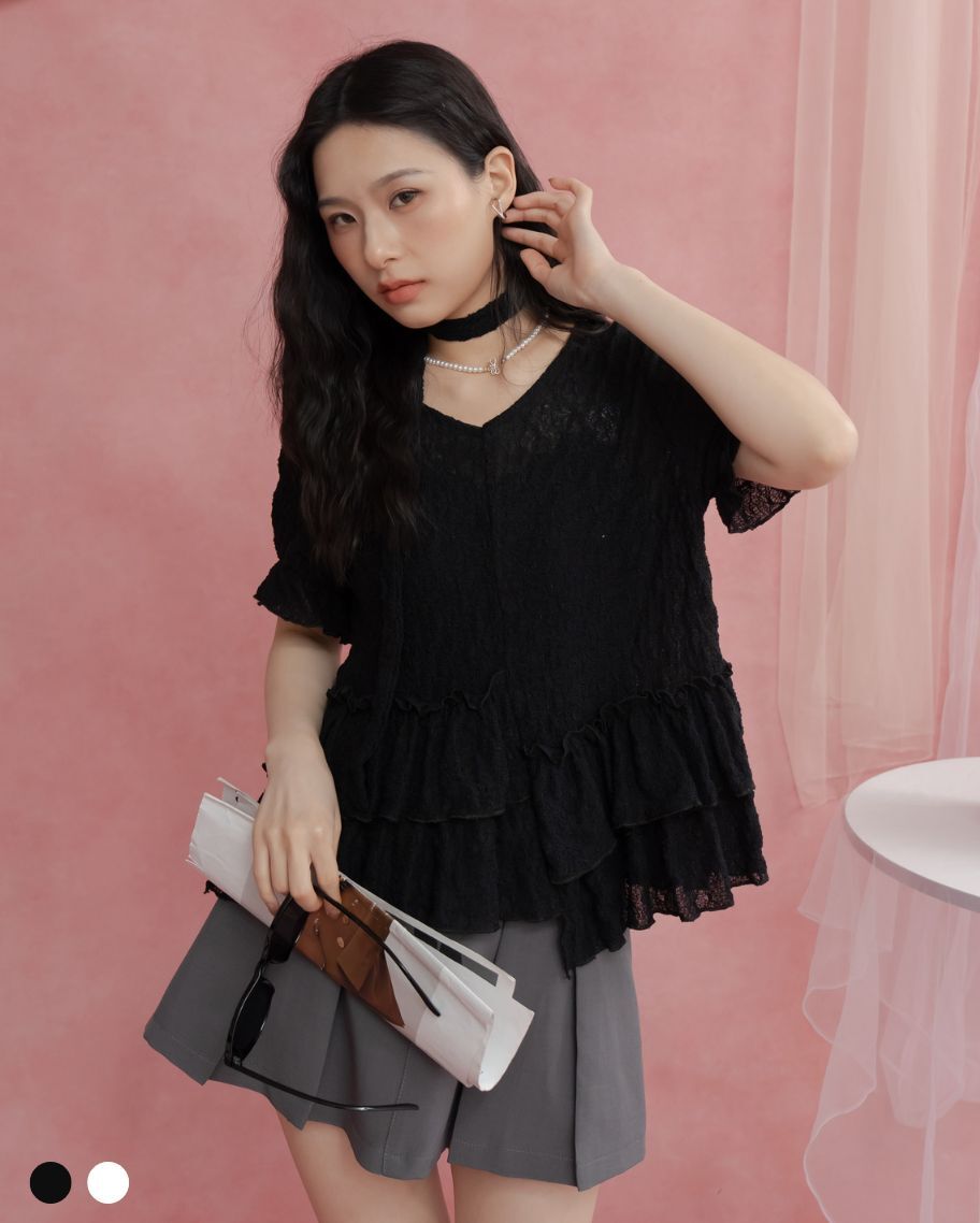 柔美紋理不對稱荷葉綁帶上衣