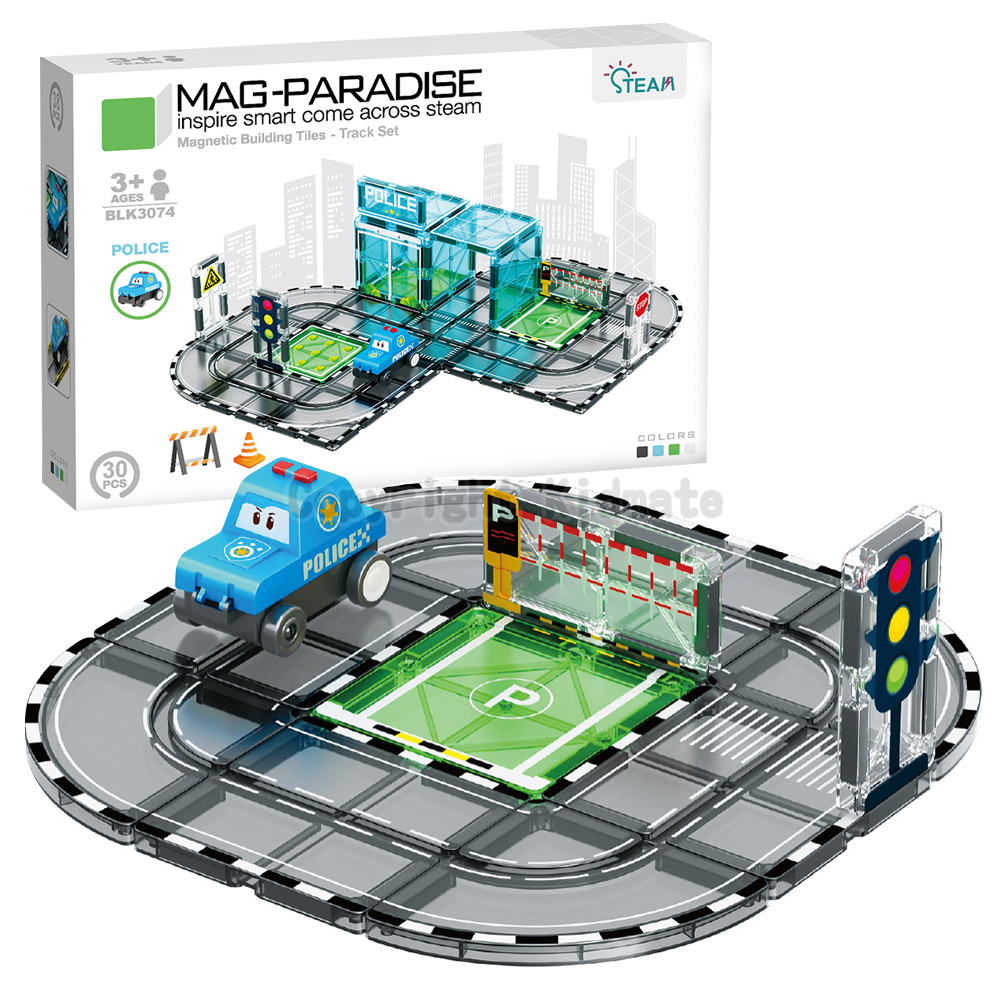 《 KIDMATE 》 迷你軌道磁力片場景組-警察局(附1台小車)