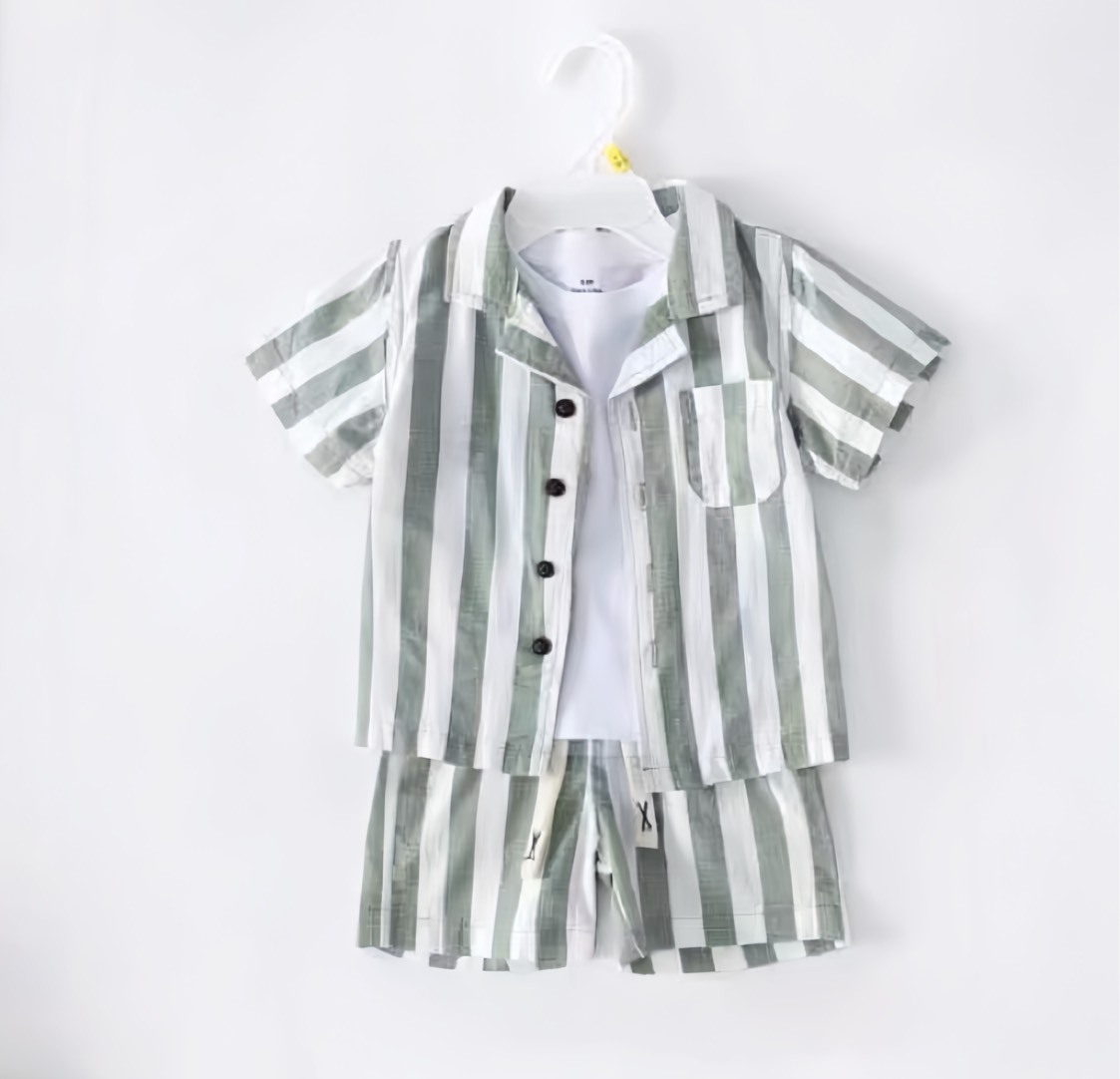 直條紋襯衫短袖套裝