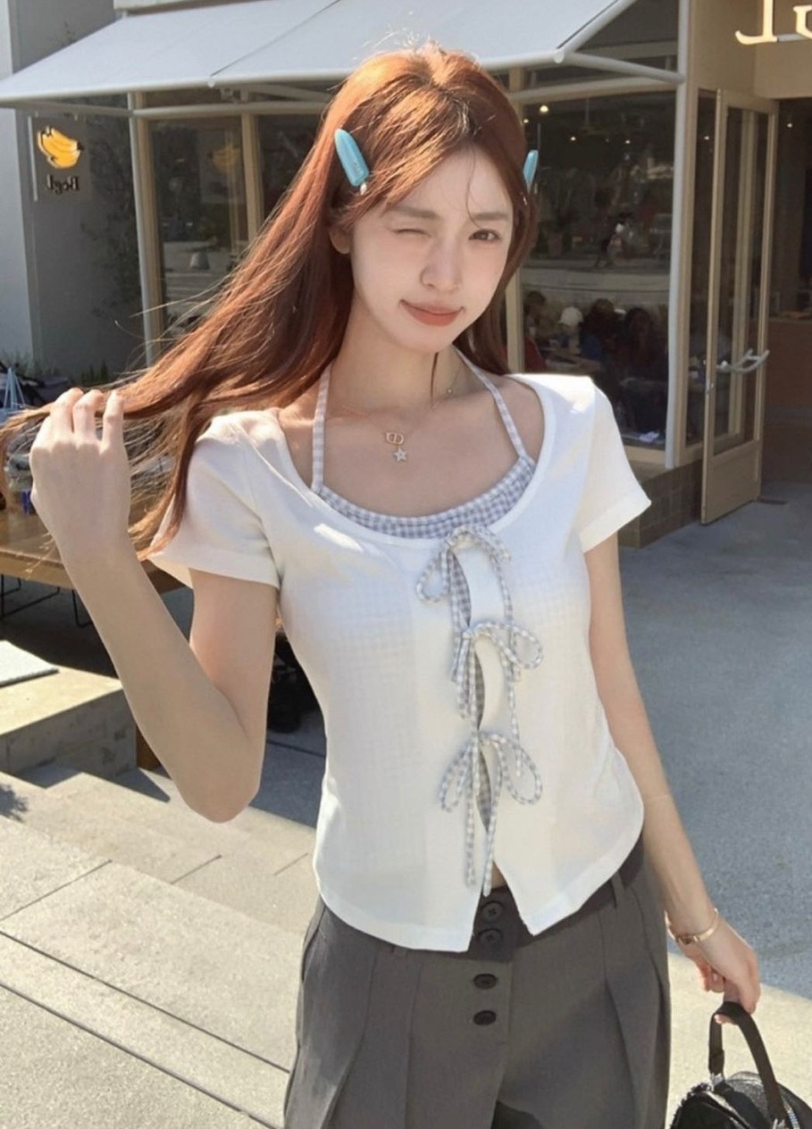 前綁假兩件拼接格紋棉質衣