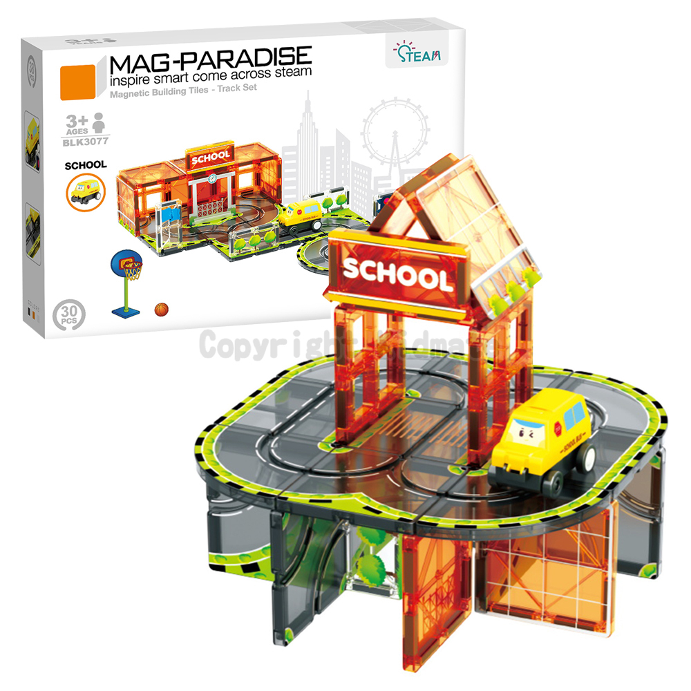 《 KIDMATE 》 迷你軌道磁力片場景組-學校(附1台小車)