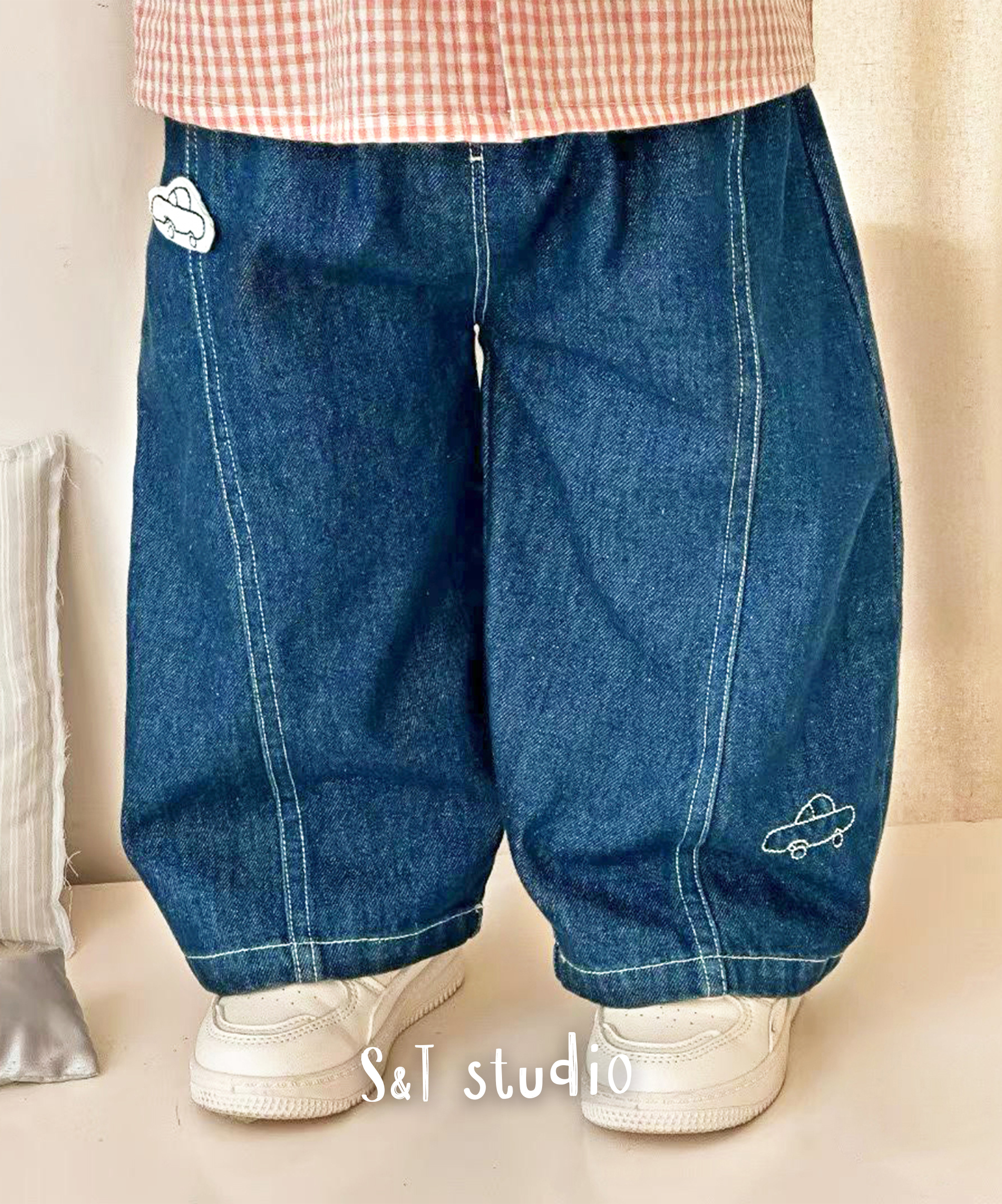 男童童趣小汽車貼布刺繡牛仔褲 (73-100)