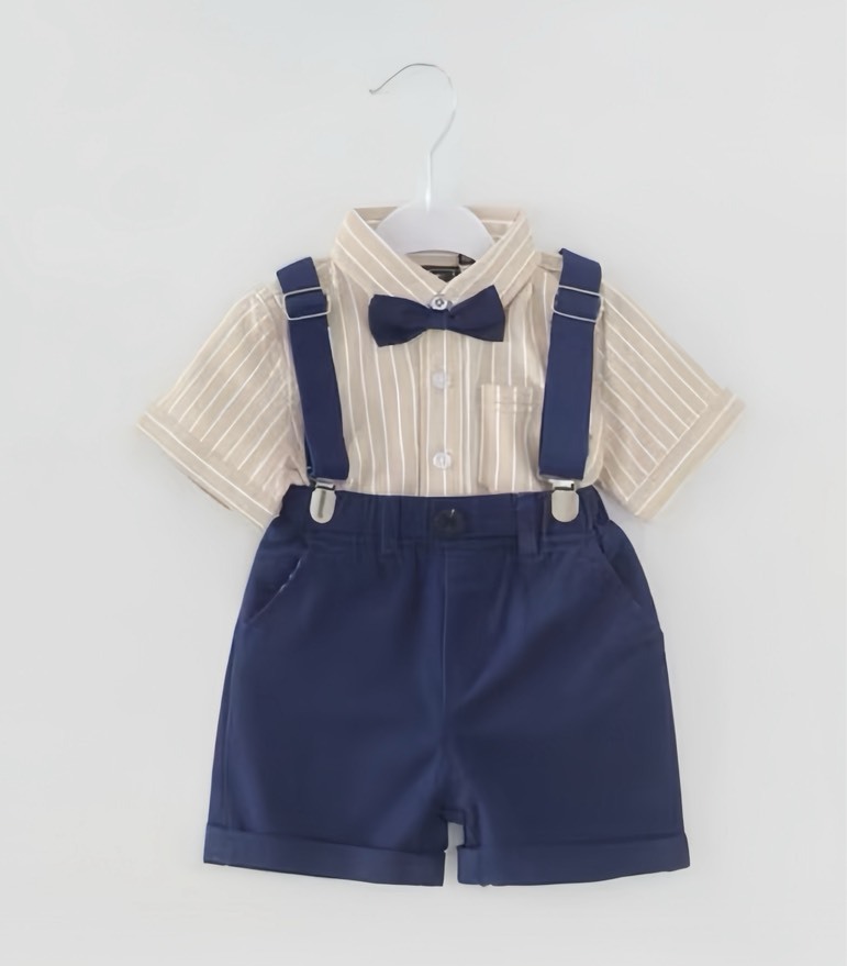 直條紋領結吊帶套裝