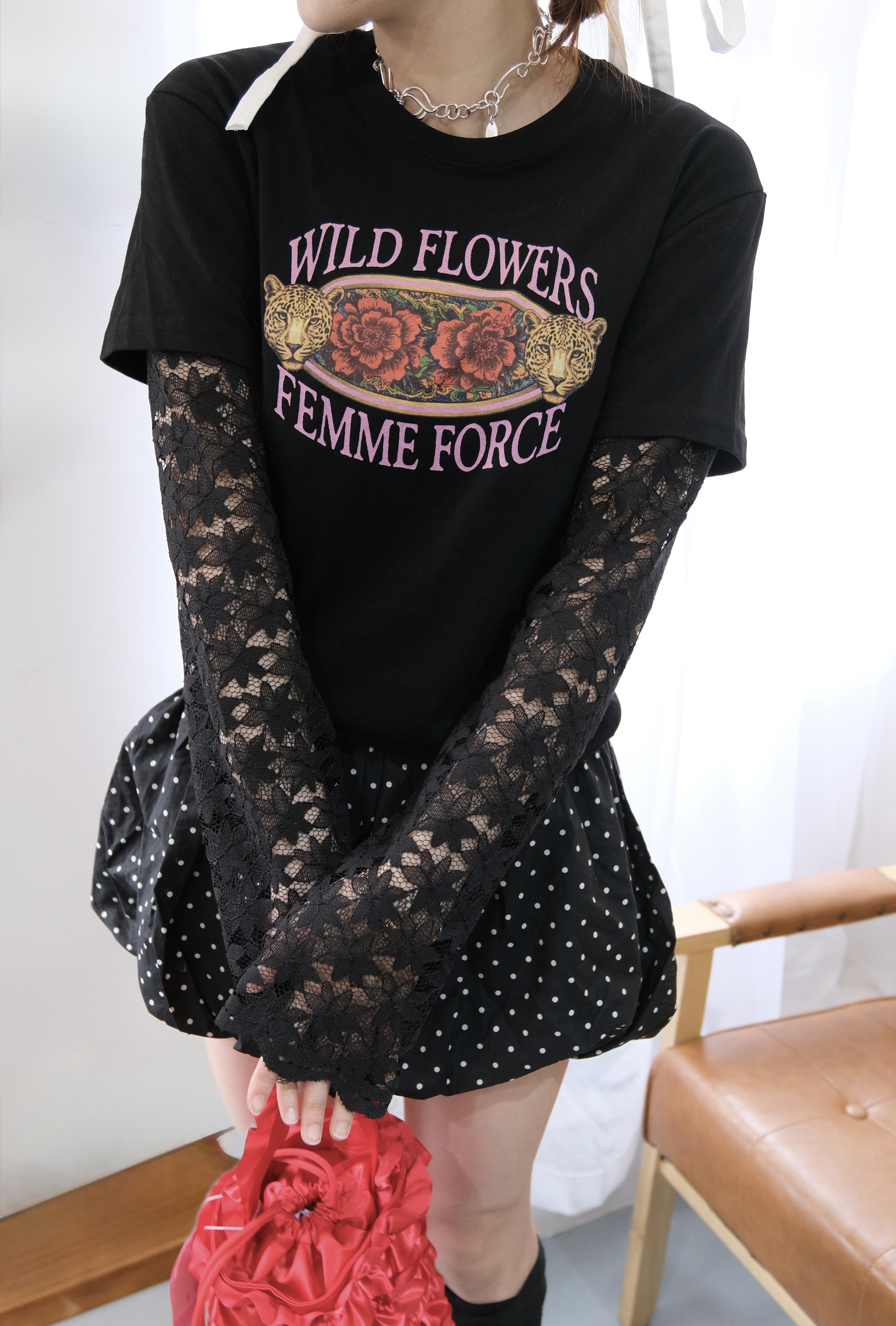 玫瑰花lace手袖tee