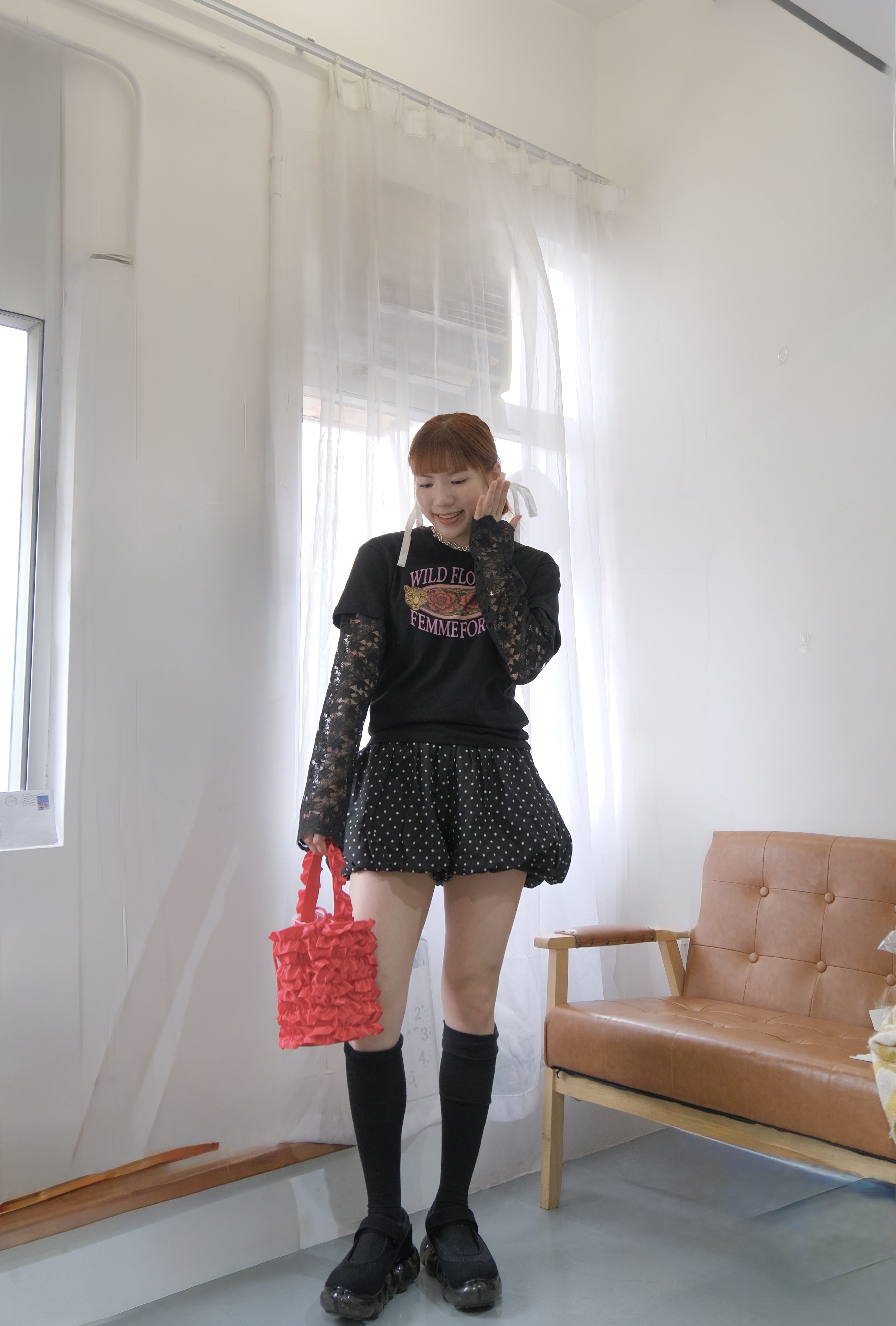 玫瑰花lace手袖tee