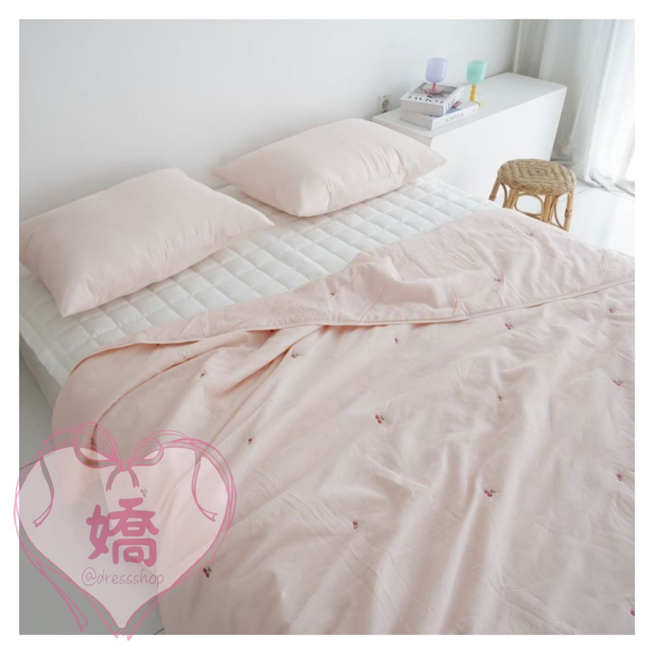 K03003滿版刺繡櫻桃春夏薄被(灰'粉'杏)(S'Q'枕套)