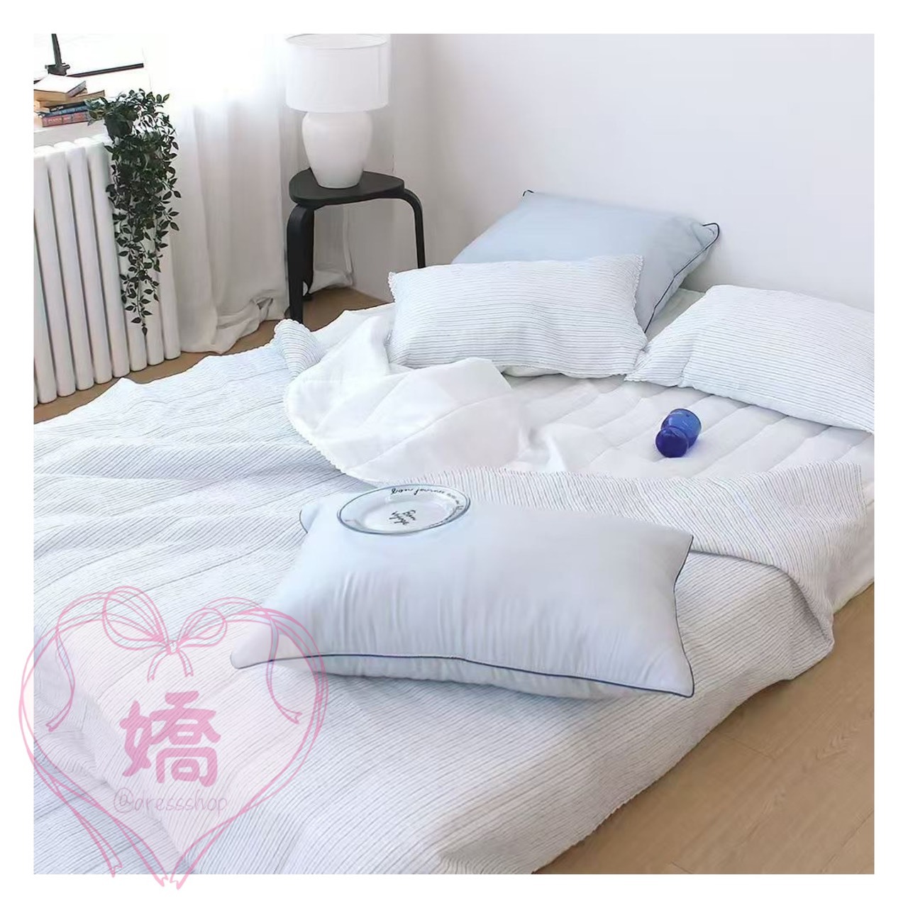 K03005粗細線條花邊春夏薄被(灰'藍)(S'Q'枕套)