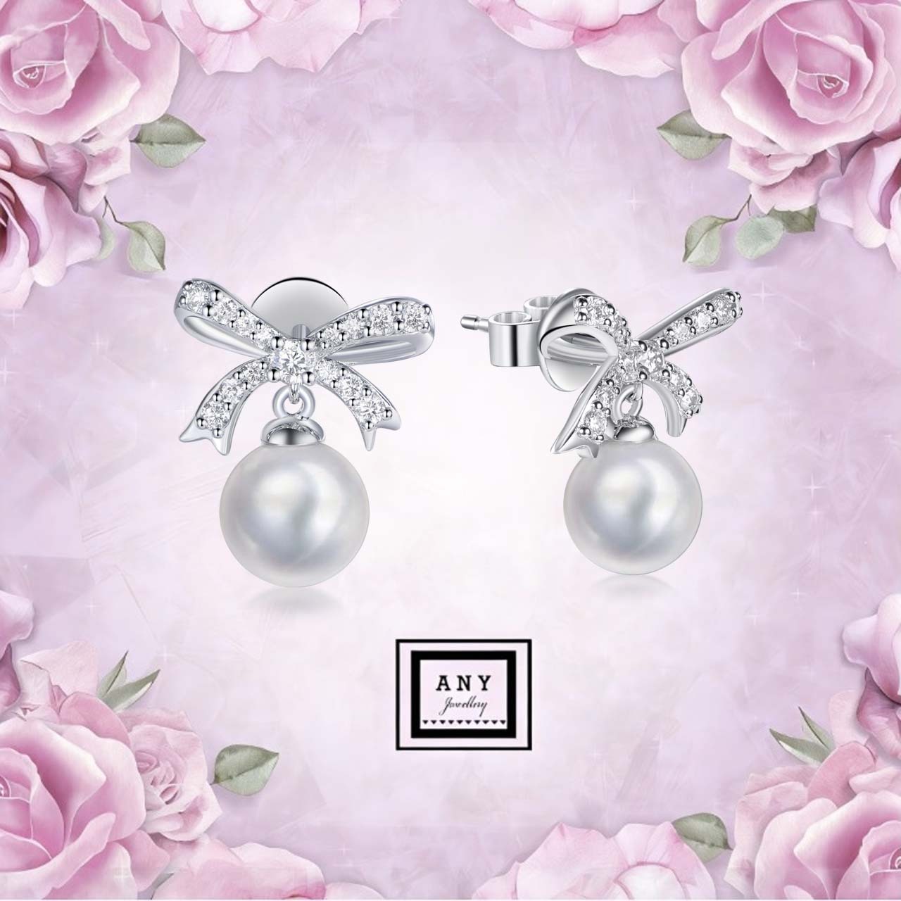 XP008 E4110 8mm Crystal Pearl Ribbon of Love Earrings（莫桑）