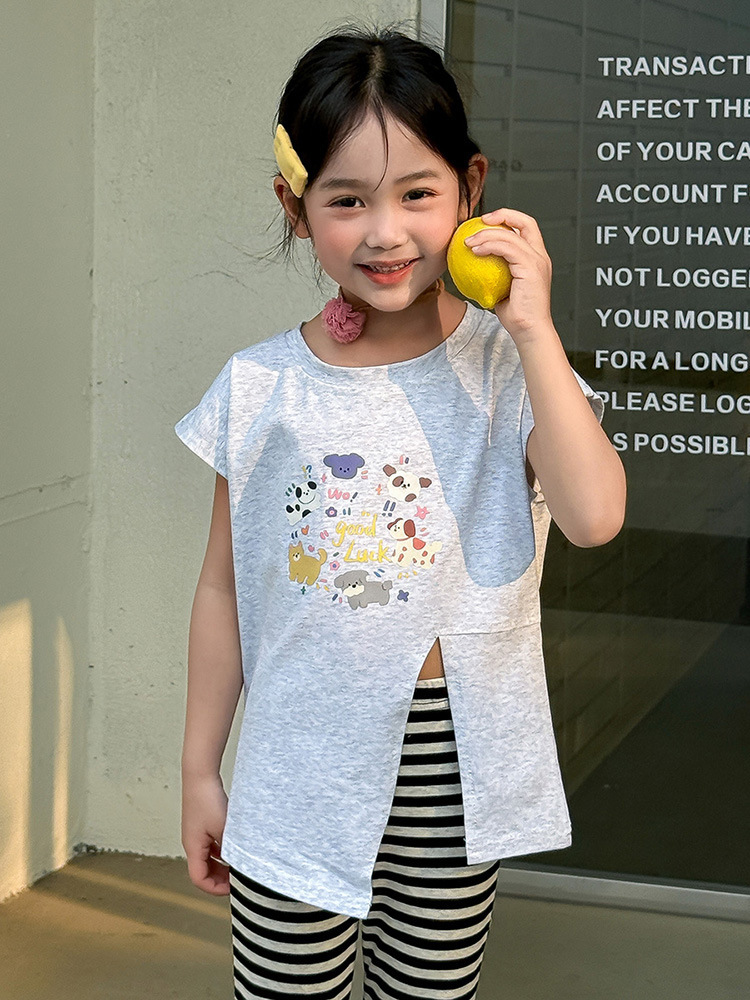 任選兩件$400【H0597】夏季卡通圖開衩長棉T(90-150)