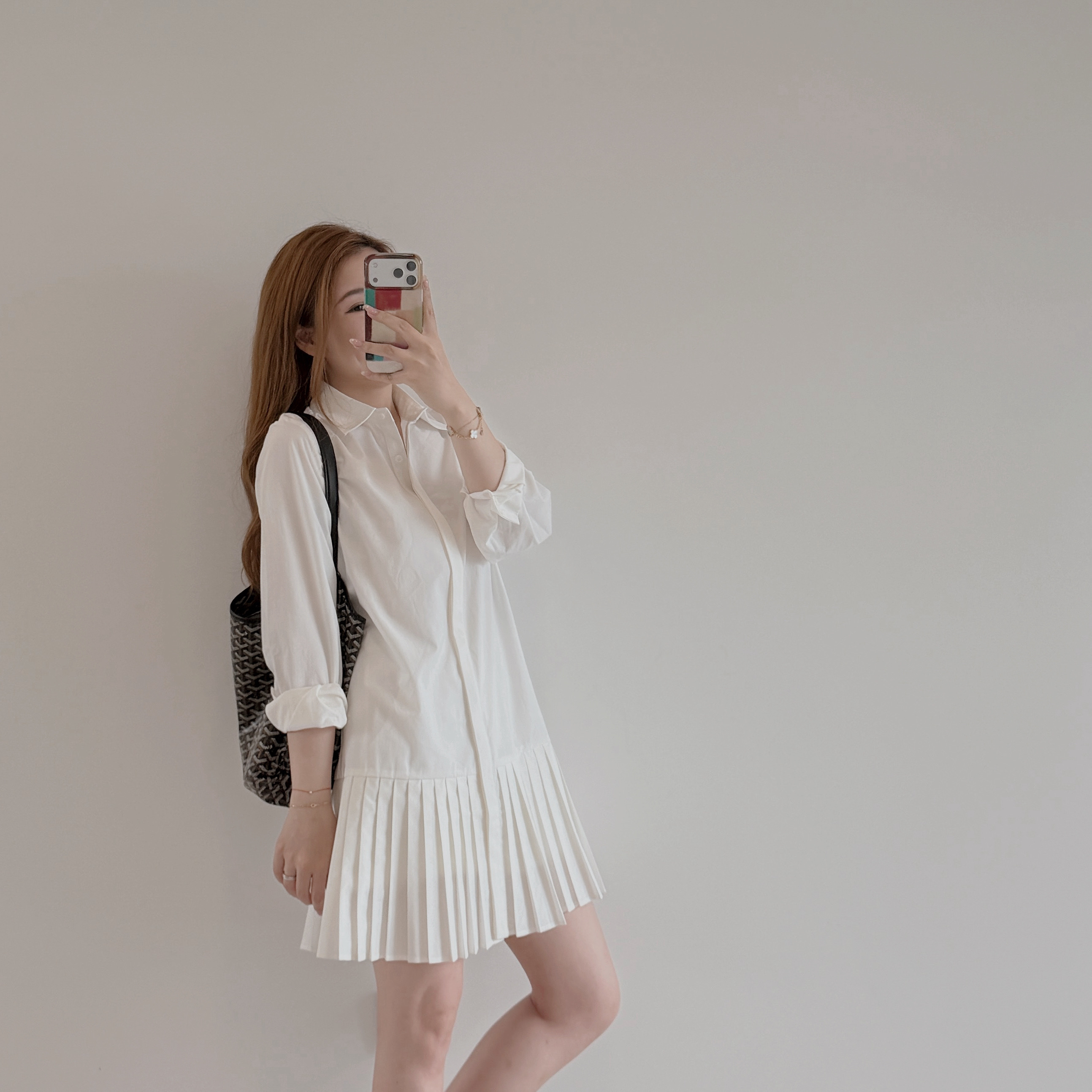 預售 7394 簡約風百褶襯衫裙 送打底褲