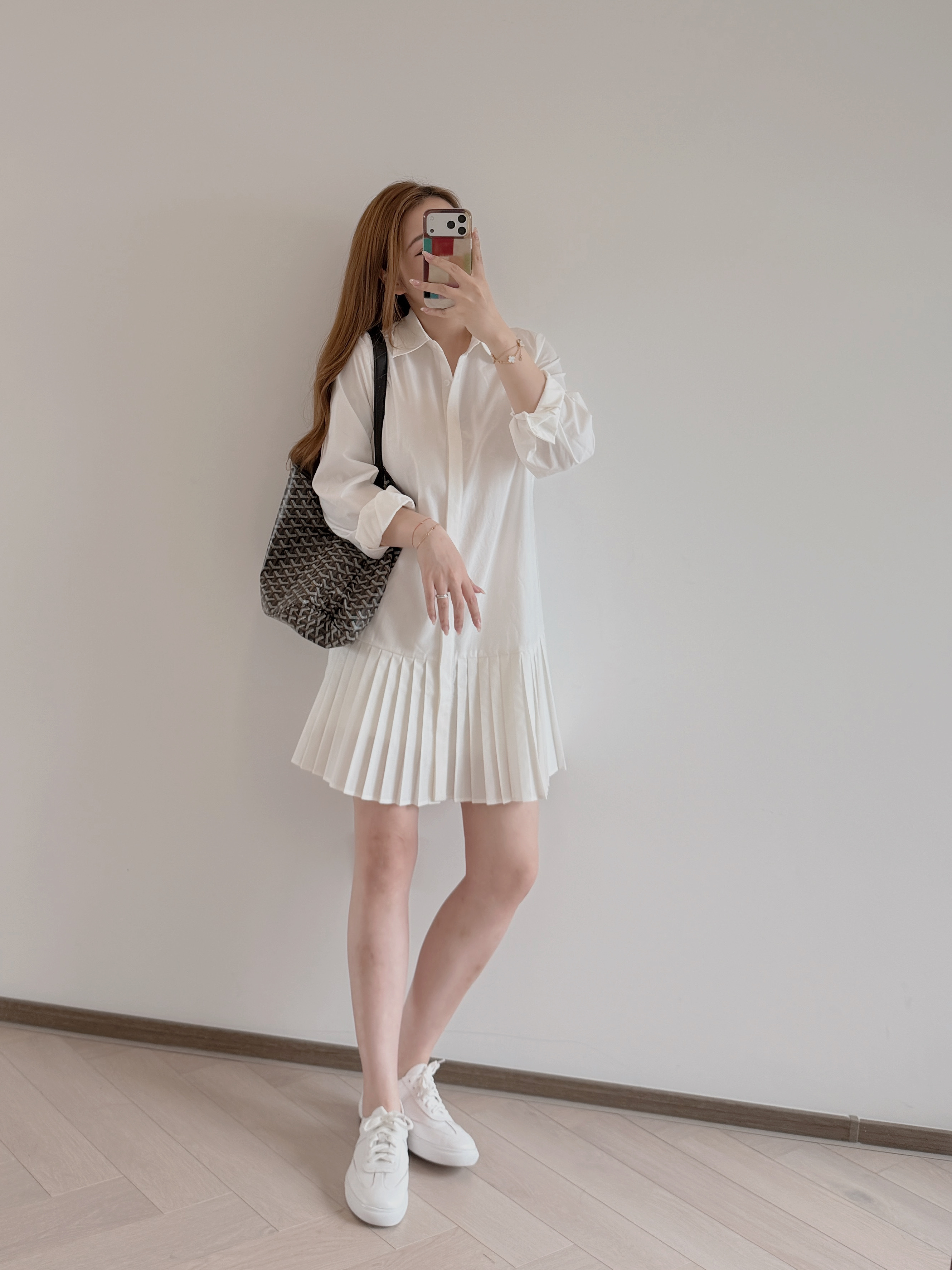 預售 7394 簡約風百褶襯衫裙 送打底褲