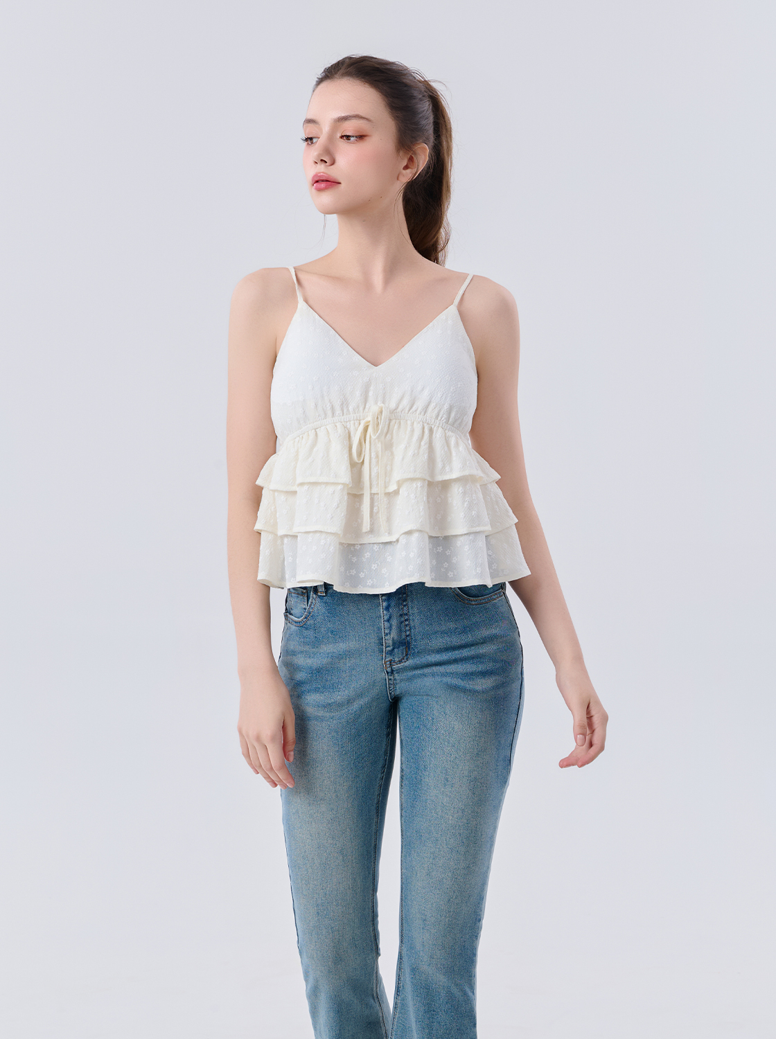 波點V領層次荷葉細肩上衣