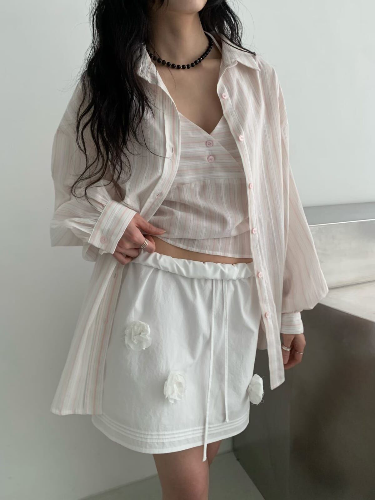 MR6016 掛脖V領背心條紋襯衫套裝