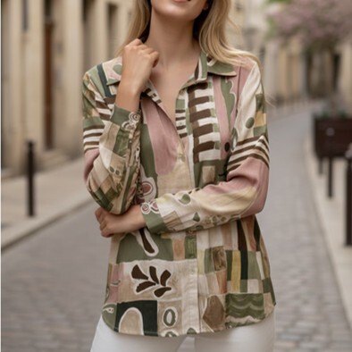 1SO0403-043 [SUNNY STUDIO] Silk-Blend Blouse Kaki #11689 Picasso (EU)