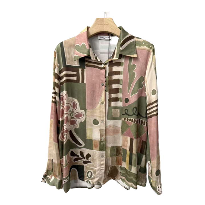 1SO0403-043 [SUNNY STUDIO] Silk-Blend Blouse Kaki #11689 Picasso (EU)